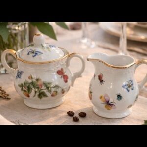 Vintage Lenwile Ardalt Floral Porcelain Butterfly Strawberry Sugar Creamer Set